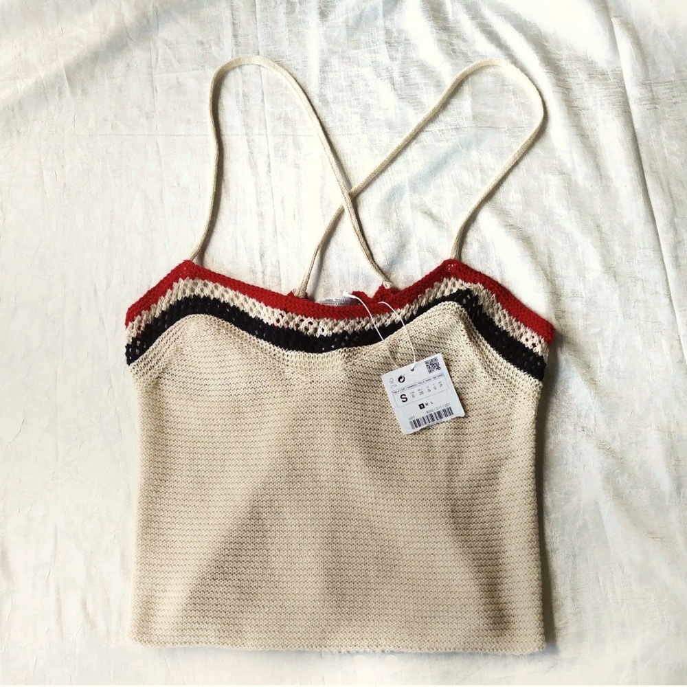 NWT ZARA Trafaluc knit ivory, blue, and red cami tank top